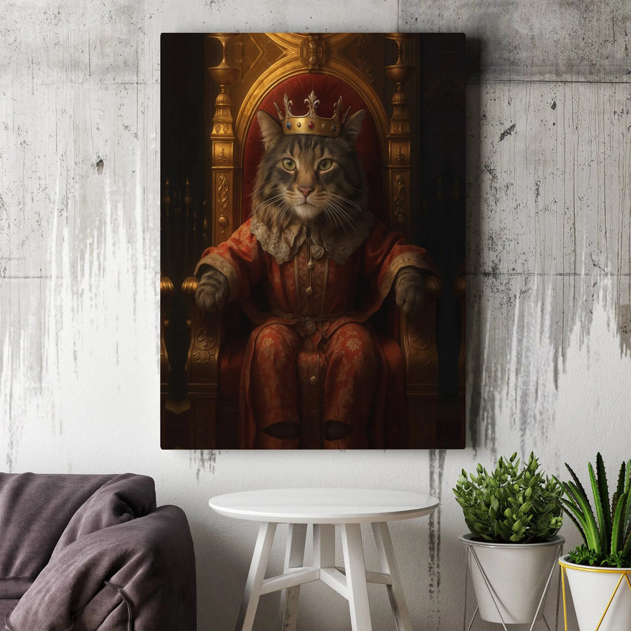 Regal Cat Portrait Canvas Wall Art | Royal King Cat with Crown on Throne | Gallery-Quality 1.25 Inch Profile | Unique Pet Lover Gift Decor