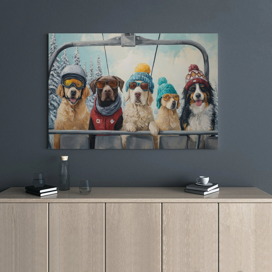 Skiing Dog Wall Art | Funny Dogs on Ski Lift Painting | Premium Gallery Wrap Canvas | Whimsical Winter Home Decor Gift