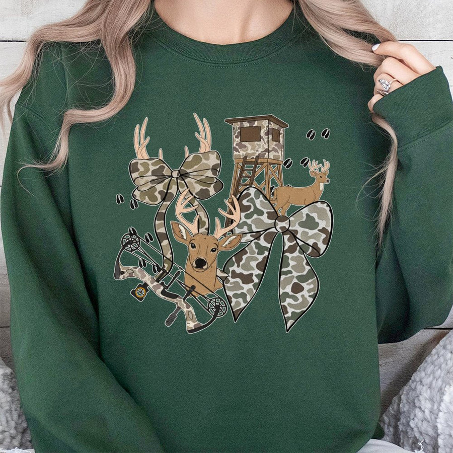 Hunting Season Sweatshirt | Deer Bowhunting Camo Bow Design | Premium Cotton Blend Crewneck | Gift for Women Hunter