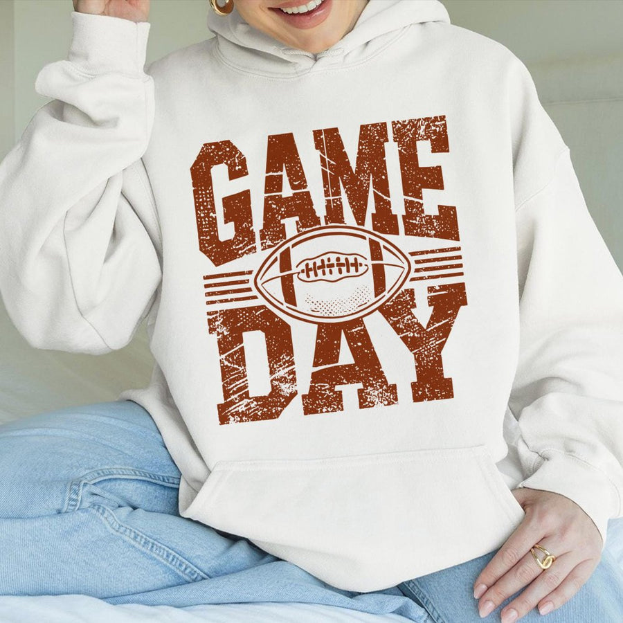 Game Day Football Hoodie | Distressed Graphic Print | Premium Cotton-Poly Blend | Unisex Sports Fan Gift for Fall Tailgating