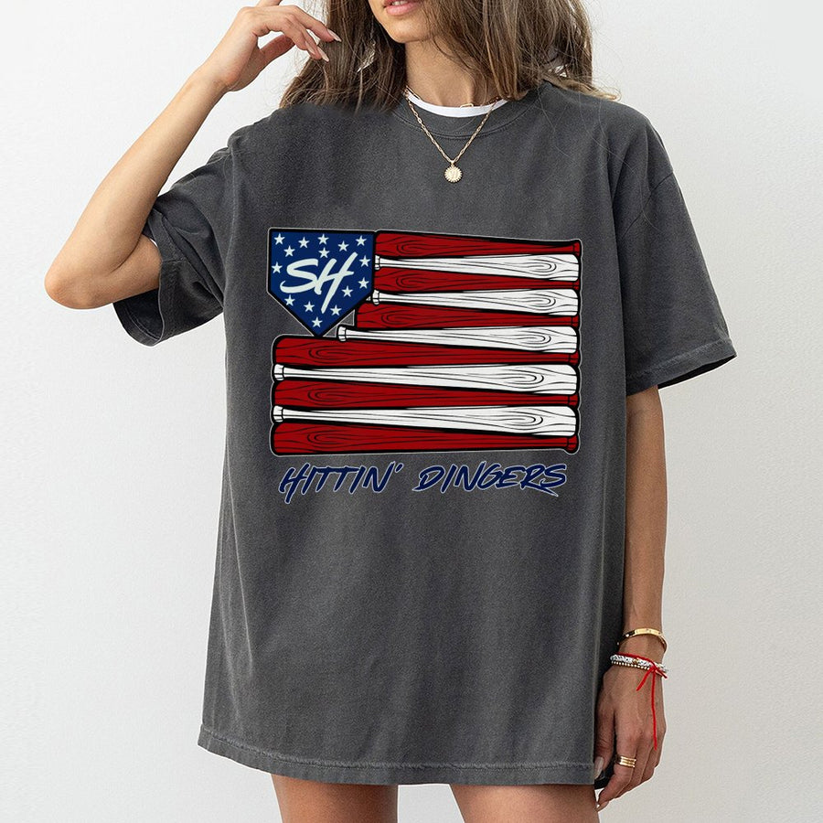 Hittin' Dingers Baseball T-Shirt | USA Flag Bat Graphic Design | Premium 100% Cotton Tee | Gift for Baseball Players and Fans