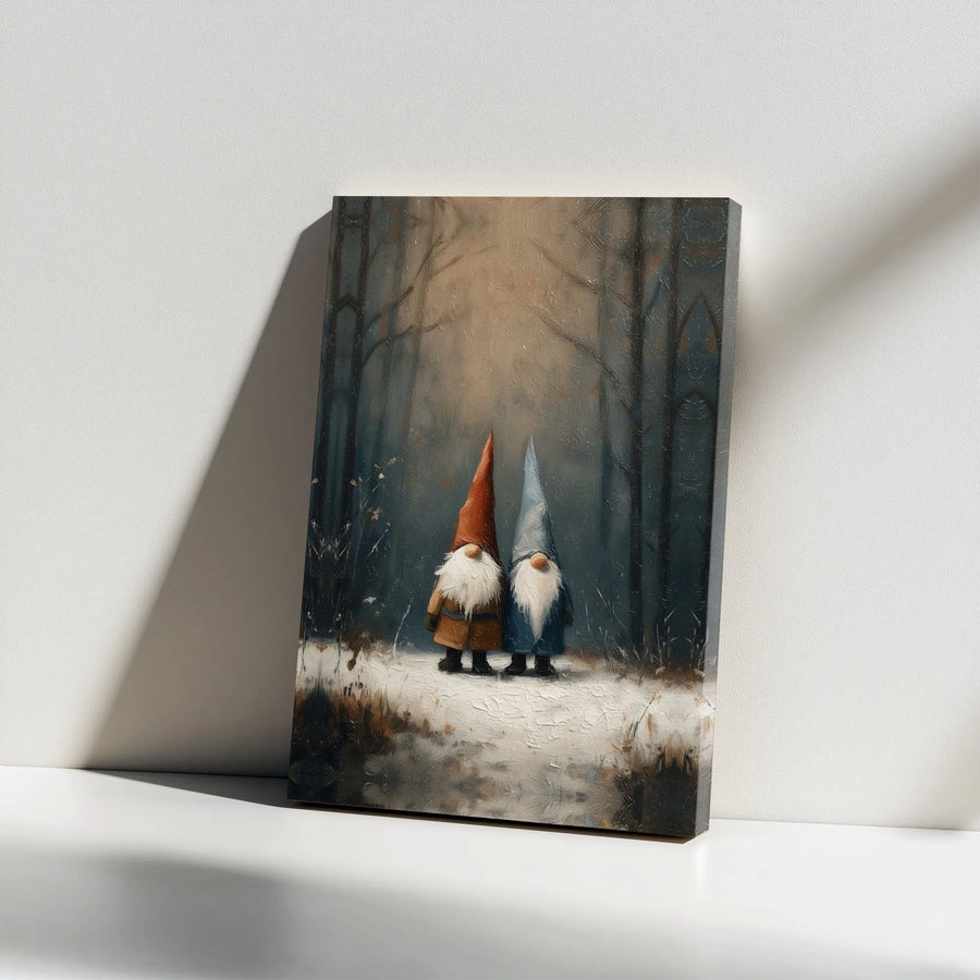 Winter Gnome Wall Art | Whimsical Snowy Forest Oil Painting Canvas | Premium Gallery Wrap Decor | Holiday Gift for Gnome Lovers