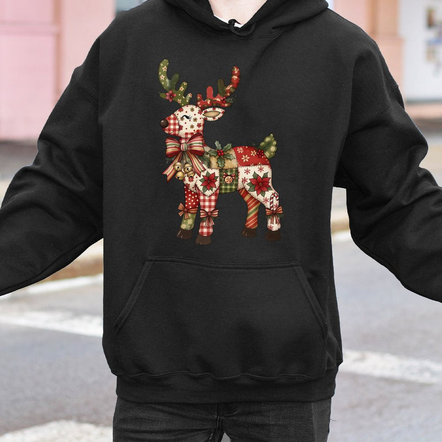 Christmas Reindeer Hoodie | Festive Patchwork Holiday Graphic | Premium Cotton Blend Sweatshirt | Cute Winter Gift for Women