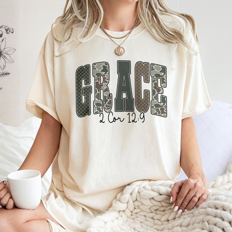 Grace Bible Verse T-Shirt | Camo Print Collegiate Lettering | 100% Cotton Premium Tee | Faith-Based Christian Gift for Women and Men
