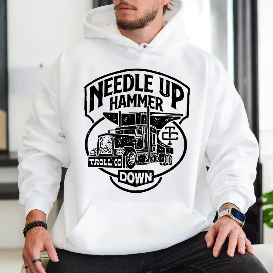 Trucker Hoodie | Needle Up Hammer Down Semi Truck Design | Premium Cotton Blend | Gift For Heavy Equipment Operators And Blue Collar Workers