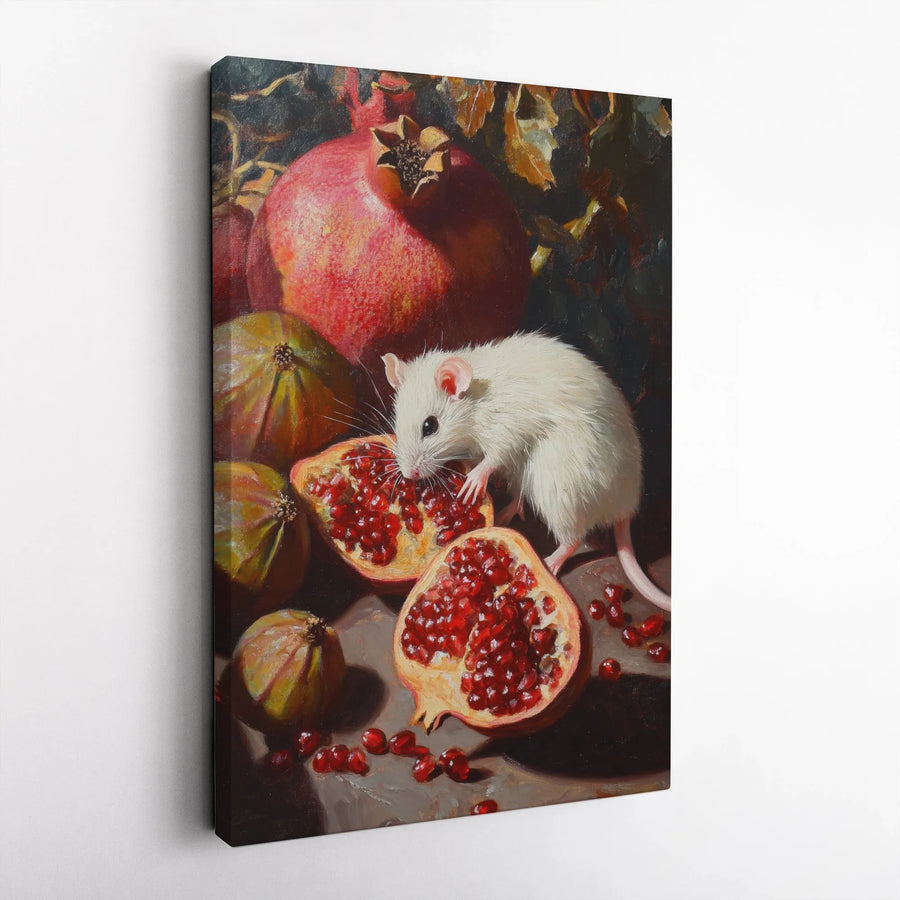 Mouse and Pomegranate Vertical Canvas | Dark Academia Still Life Art | Premium High-Resolution Print | Collector's Gift for Kitchen Wall Decor