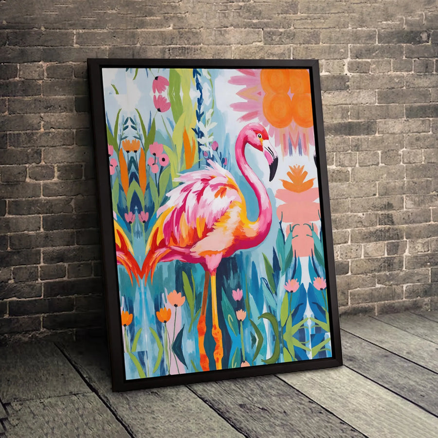 Colorful Flamingo Canvas Wall Art | Tropical Garden Bird Painting | Premium 1.25-Inch Gallery Wrap | Modern Home Decor Gift