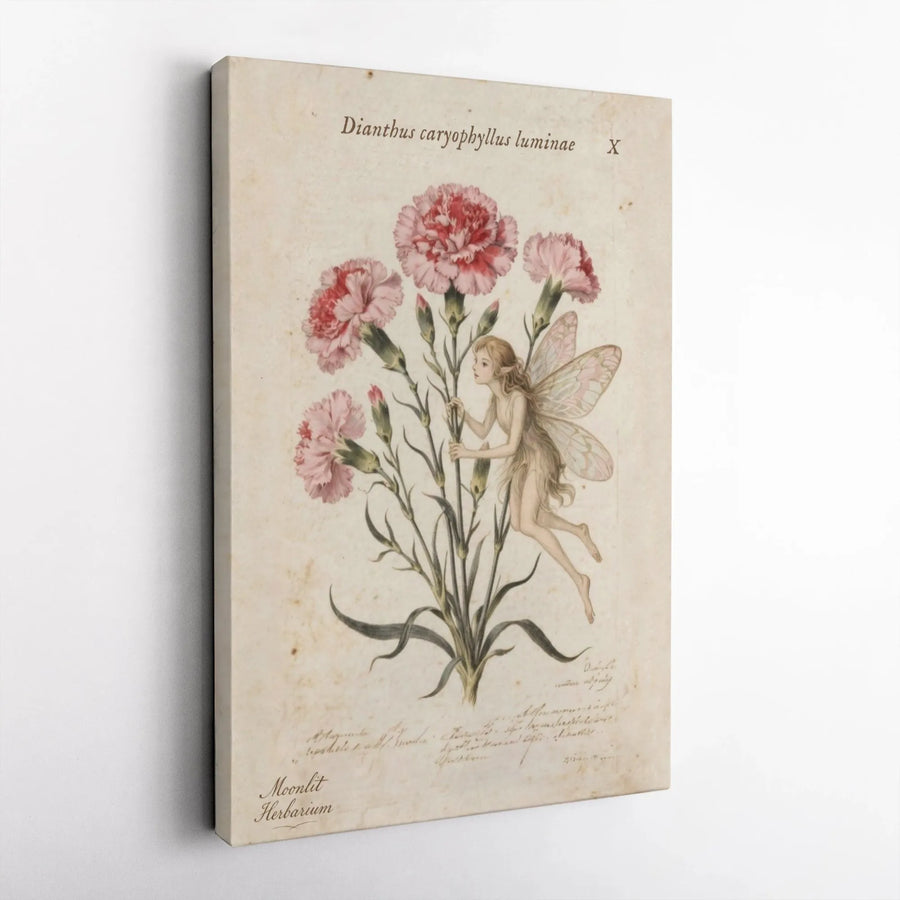 Vintage Botanical Fairy Print | Moonlit Carnation Herbarium Illustration | Premium Gallery Wrapped Canvas | Whimsical Cottagecore Home Decor Wall Art