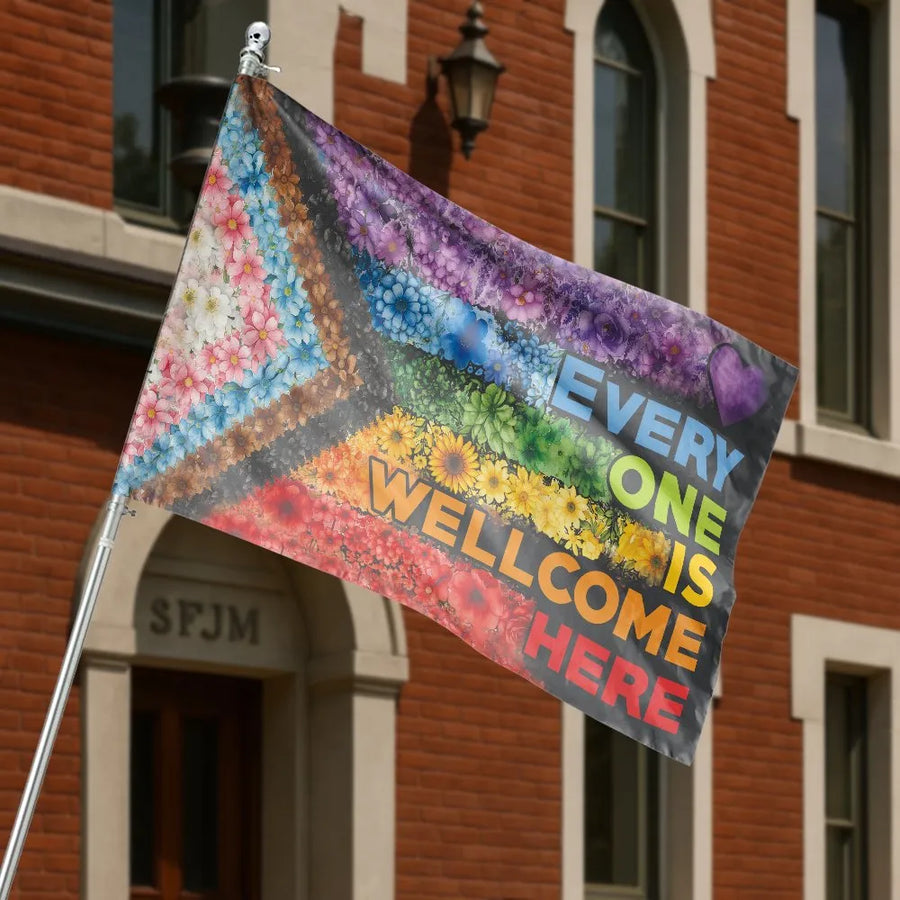 Progress Pride Flag with Flowers | Everyone is Welcome Here Banner | Double-Sided Polyester Yard Decor | Inclusive LGBTQ Ally Gift