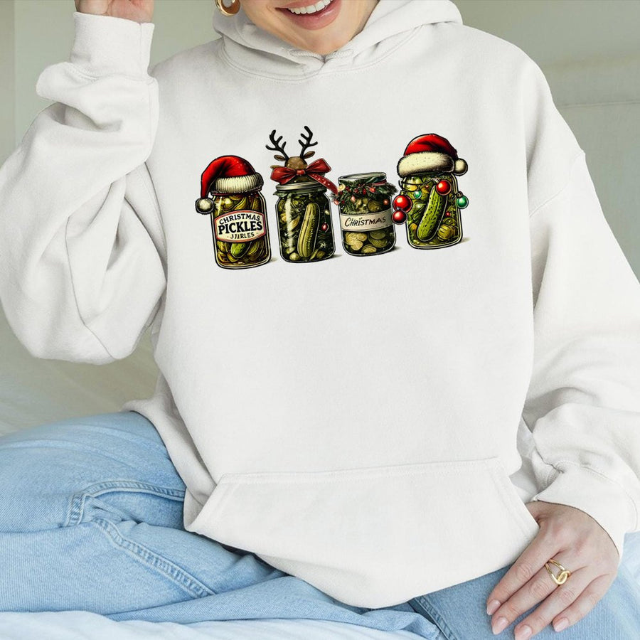 Christmas Pickle Hoodie | Funny Jar Illustration | Premium Cotton Blend | Holiday Gift For Pickle Lovers
