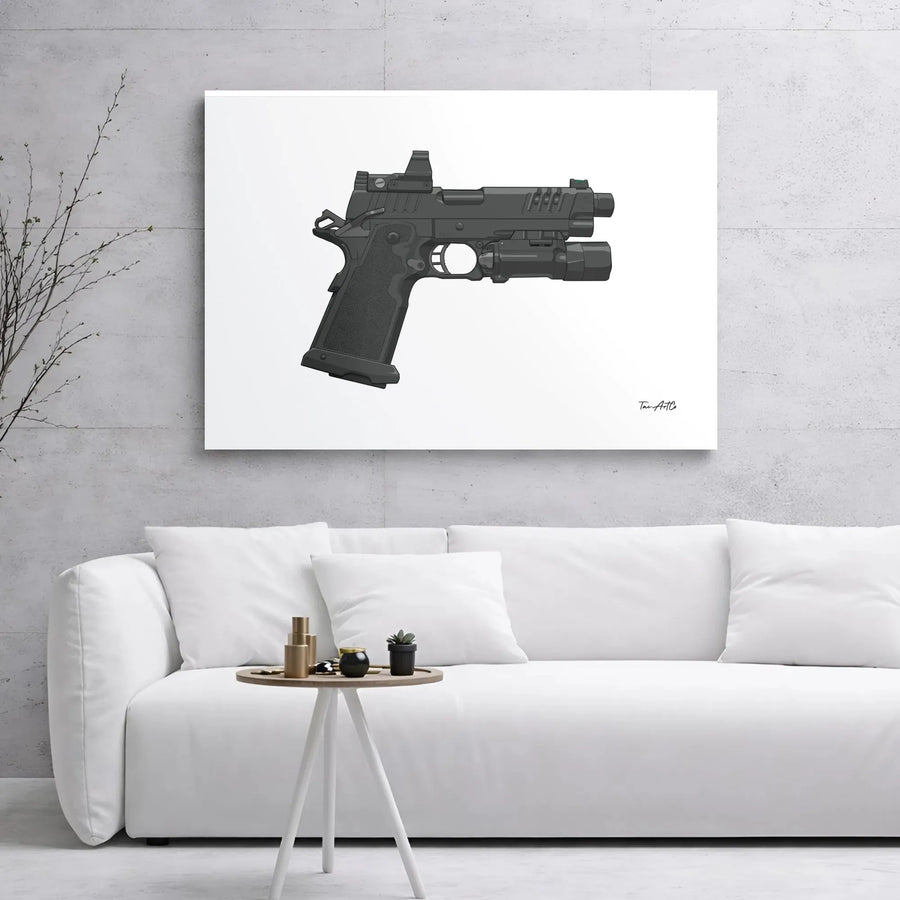 Tactical Pistol Canvas Print | Modern 2011 Handgun with Red Dot & Light | Premium 1.25" Gallery Wrap | Man Cave or Office Wall Art Gift