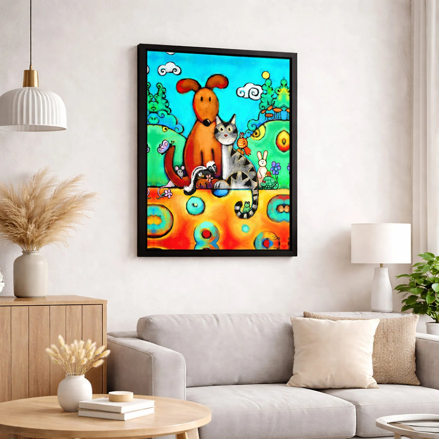 Whimsical Dog and Cat Wall Art | Colorful Folk Art Animal Print | Premium 1.25" Gallery Wrapped Canvas | Nursery Decor or Living Room Gift