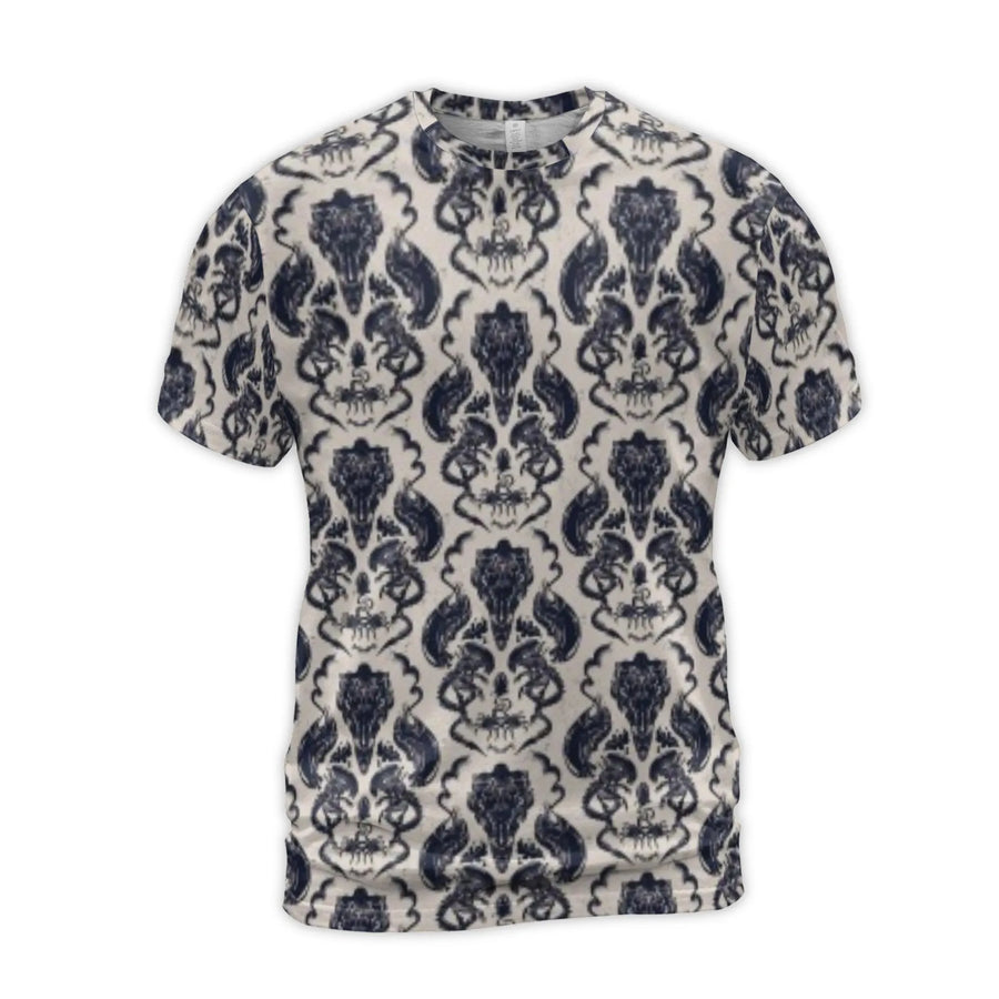 Gothic Skull Damask T-Shirt | Victorian Horror Pattern All-Over Print | Premium Polyester Spandex Blend | Edgy Alternative Streetwear Gift
