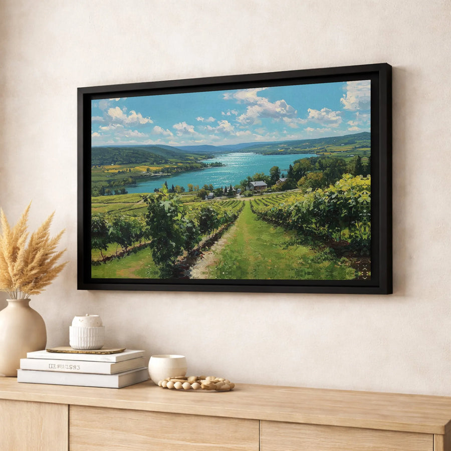 Vineyard Lake Landscape Canvas Wall Art | Impressionist Wine Country Scenery | 1.25 Inch Gallery Wrap | Premium Home Decor Print