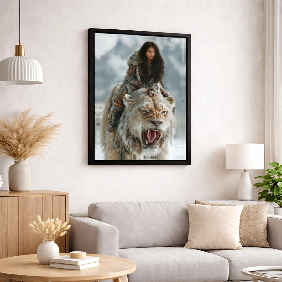 Fantasy Warrior Woman Riding Lion Canvas Print | Snow Mountain Guardian Illustration | Premium 1.25-Inch Gallery Wrap | Mythical Home Office Decor Gift