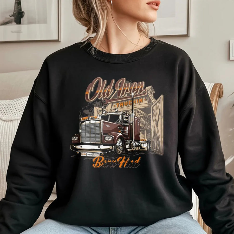 Old Iron Truckin' Sweatshirt | Vintage Semi Truck Barn Find Graphic | Premium Cotton Blend | Gift For Truck Driver & Big Rig Enthusiast