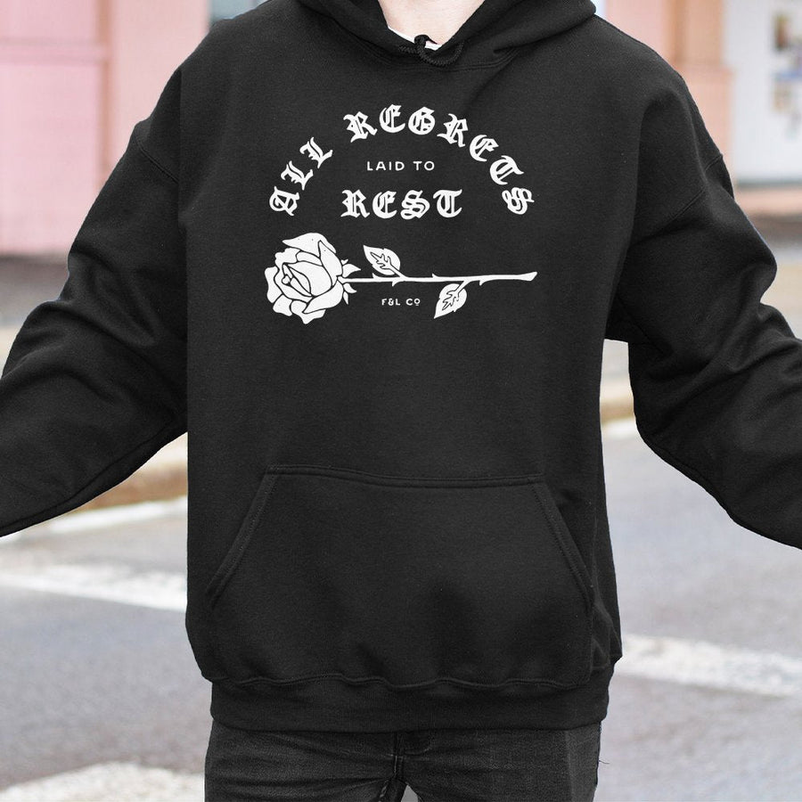 All Regrets Laid To Rest Hoodie | Gothic Rose Graphic Streetwear | Premium Cotton-Blend Pullover | Aesthetic Grunge Gift For Her Or Him