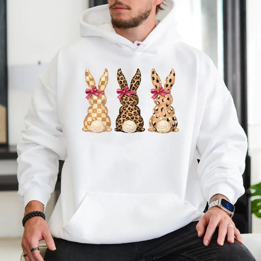 Easter Bunny Hoodie | Leopard Check Print Rabbit Trio Design | Premium Cotton-Poly Blend | Cute Spring Holiday Gift for Her
