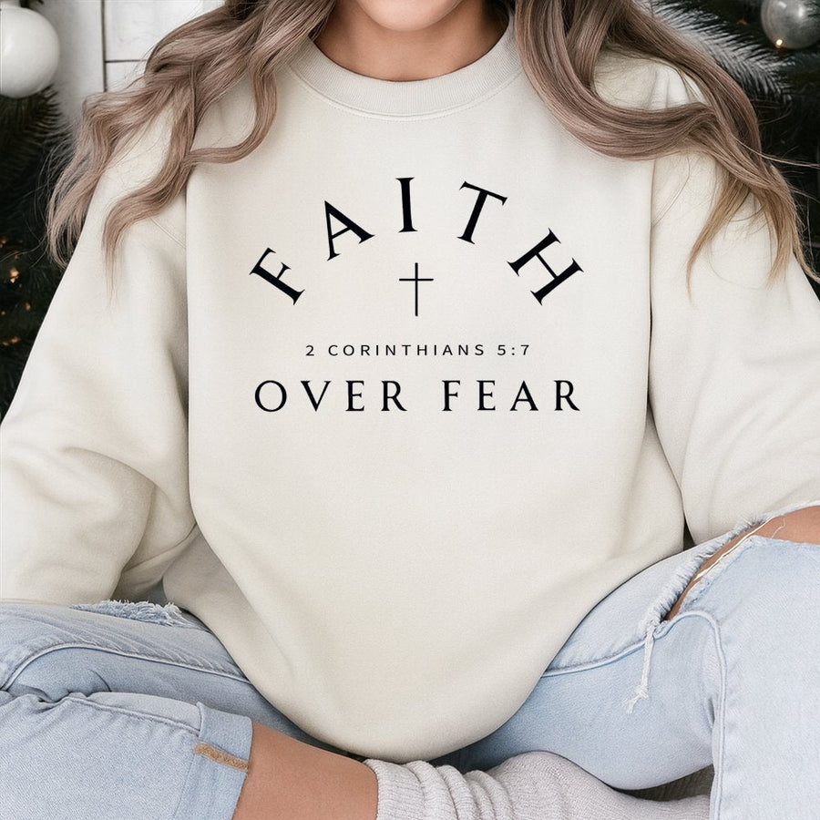 Faith Over Fear Sweatshirt | 2 Corinthians 5:7 Bible Verse Cross Graphic | Premium Cotton Blend | Christian Gift for Men and Women