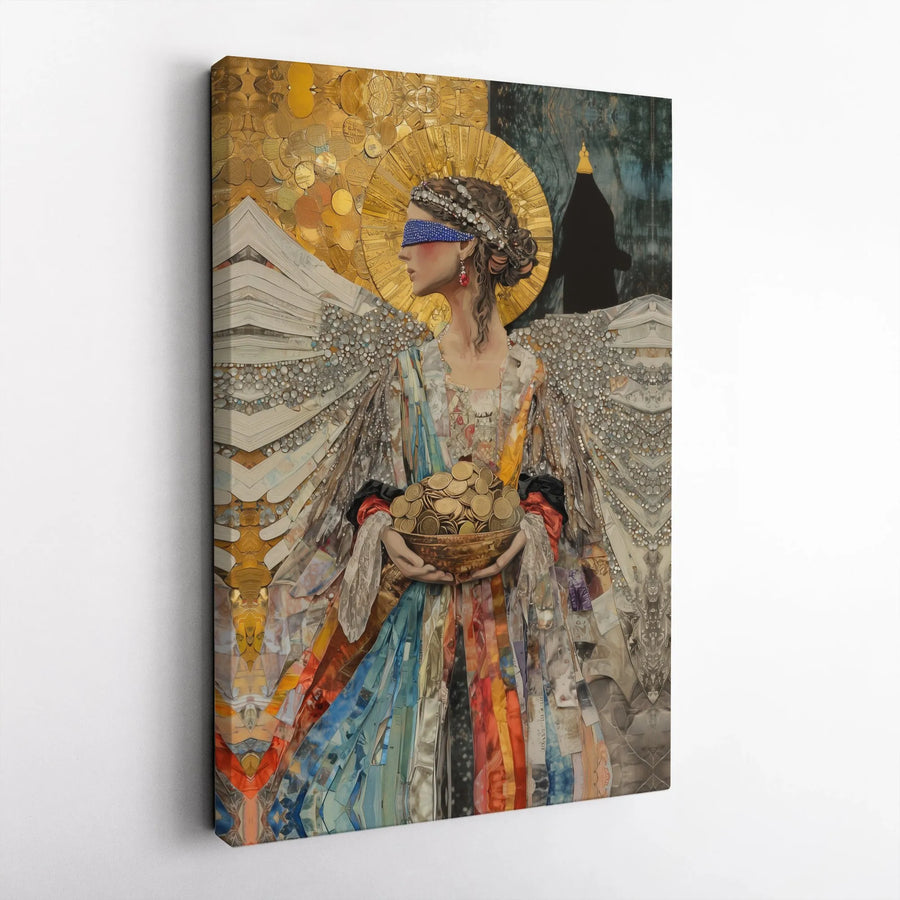Blindfolded Angel Wall Art | Money Collage Surrealist Decor | 1.25-Inch Gallery-Wrapped Canvas | Unique Office & Home Decor Gift