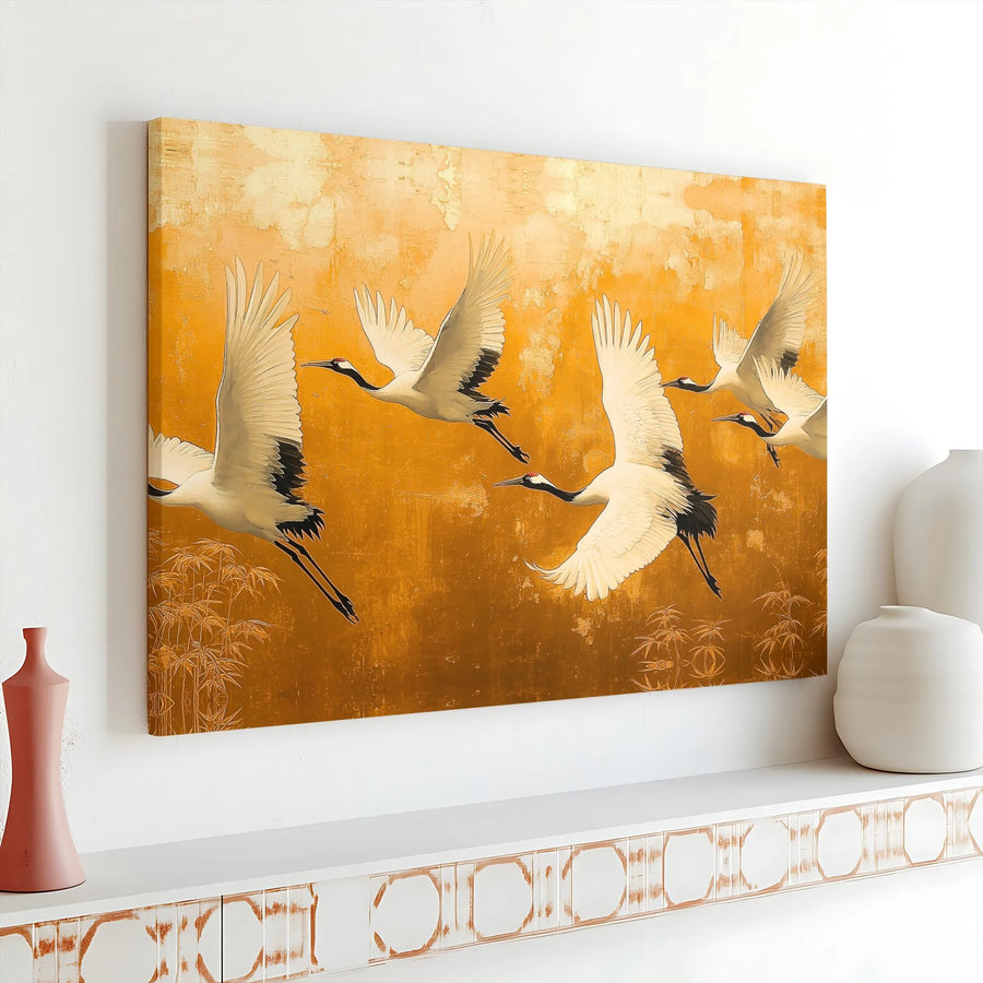 Japanese Red-Crowned Crane Canvas Wall Art | Elegant Gold Flying Bird Motif | 1.25-Inch Gallery Wrap Print | Premium Home Decor Gift
