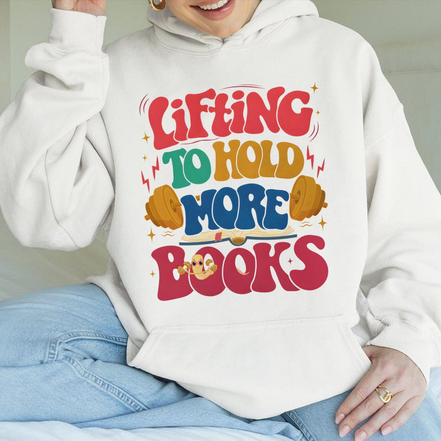 Lifting To Hold More Books Hoodie | Retro Fitness Gym Sweatshirt | Premium Cotton-Poly Blend | Bookworm Workout Gift for Readers