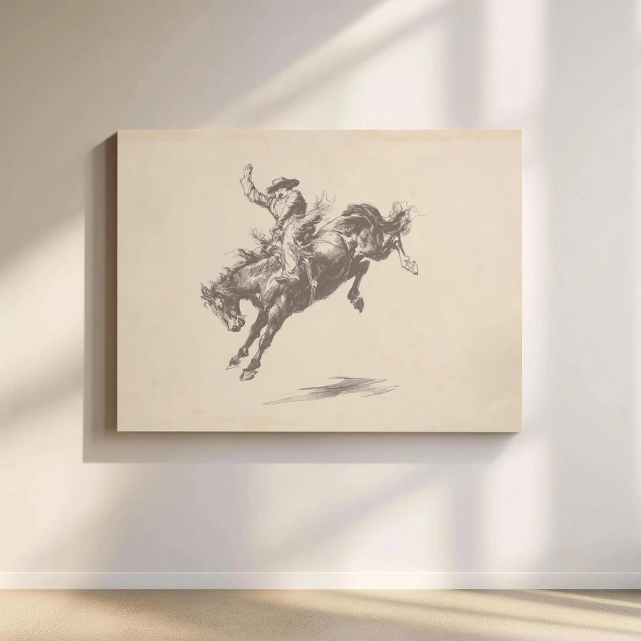 Western Cowboy Wall Art | Vintage Bucking Bronco Sketch | Premium Gallery Wrap Canvas | Rustic Home Office Decor Gift