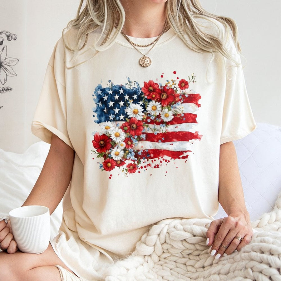 Floral American Flag T-Shirt | Watercolor Flower USA Patriotic Graphic | 100% Cotton Premium Tee | Fourth of July Gift for Women