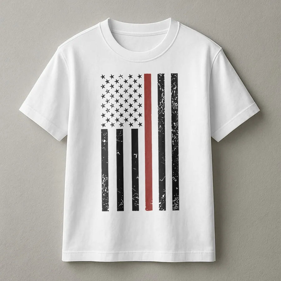 Thin Red Line American Flag T-Shirt | Distressed Firefighter Graphic | Premium 100% Cotton | Proud Fireman Gift & Apparel