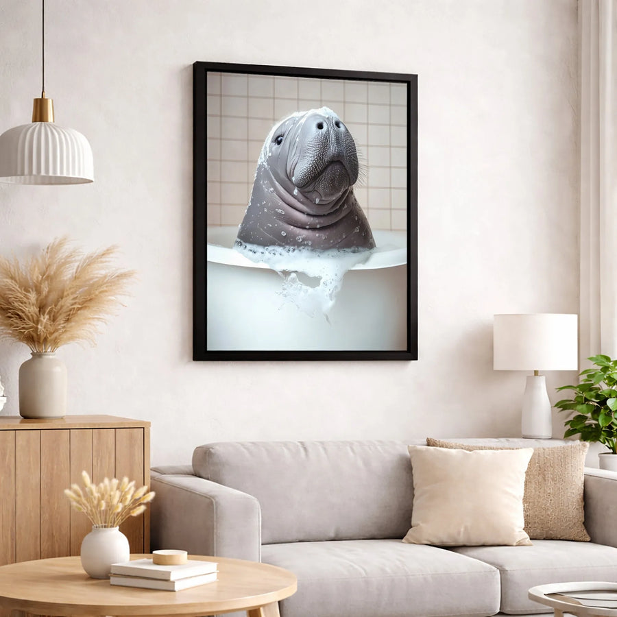 Manatee Bubble Bath Wall Art | Funny Animal Bathroom Decor Print | Premium 1.25" Gallery Wrapped Canvas | Quirky Housewarming Gift for Manatee Lovers