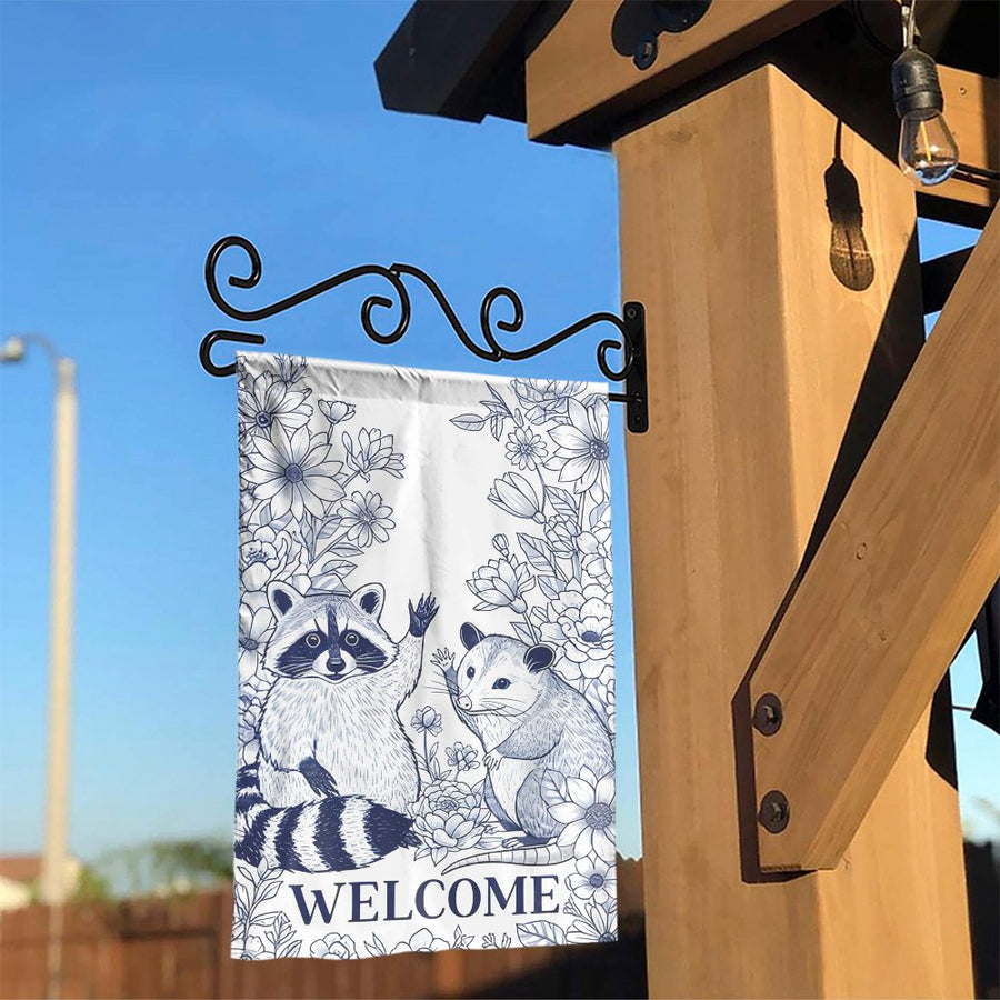 Raccoon and Possum Garden Flag | Blue and White Floral Woodland Yard Decor | Premium Weather-Resistant Polyester | Welcome Outdoor Gift for Nature Lovers