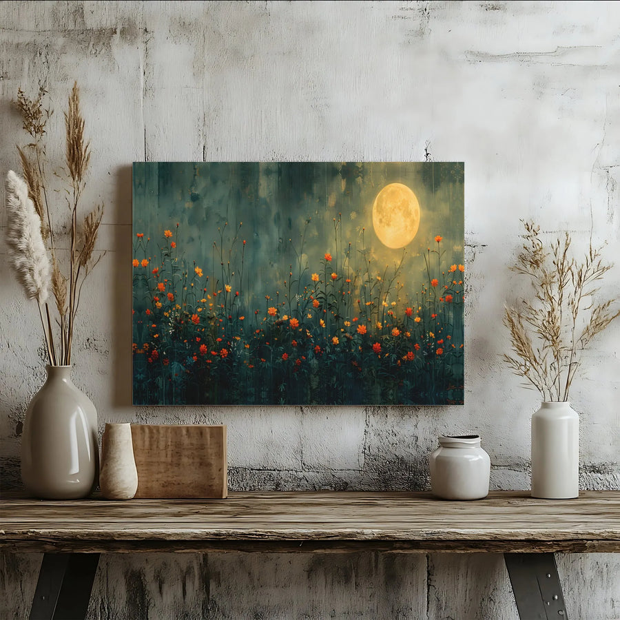 Full Moon Wildflower Canvas Print | Moody Dark Floral Landscape Wall Art | Gallery Wrapped Premium Quality | Nature Lover Home Decor Gift