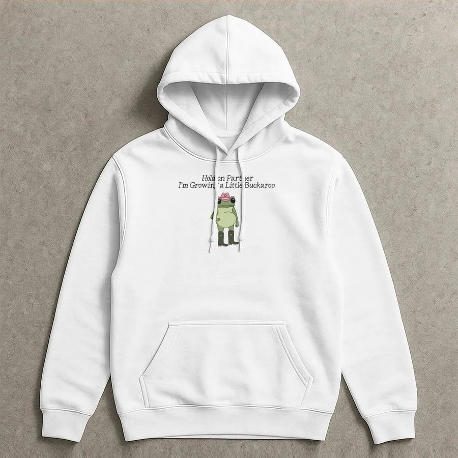 Hold On Partner Growing A Little Buckaroo Hoodie | Cute Western Frog Design | Soft Cotton-Polyester Blend | Pregnancy Announcement Gift