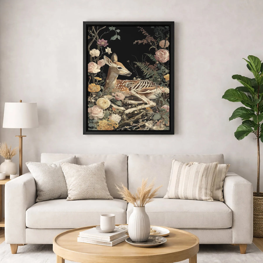 Gothic Deer Skeleton Canvas Wall Art | Dark Botanical Floral Print | Premium 1.25-Inch Gallery Wrap | Moody Aesthetic Home Decor Gift