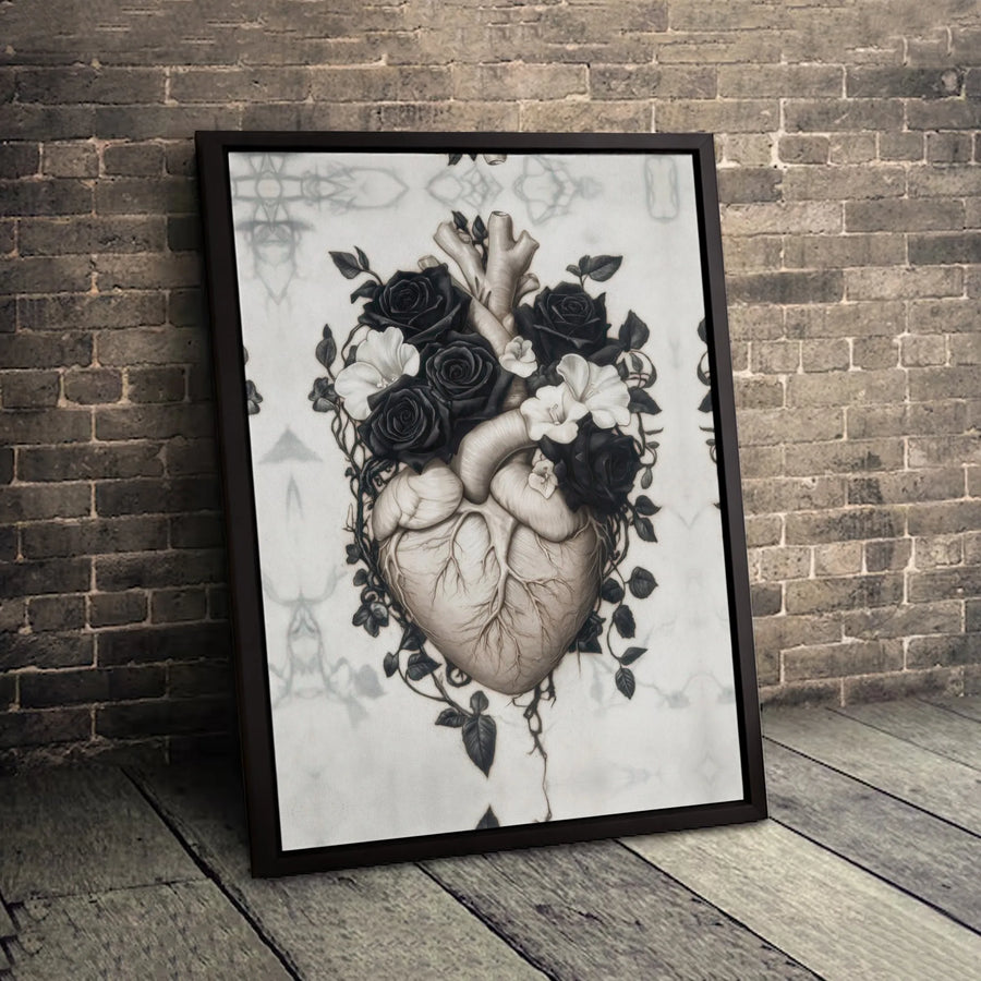 Anatomical Heart Canvas Art | Black Rose Floral Illustration | Premium 1.25-Inch Gallery Wrap | Gothic Romantic Home Decor