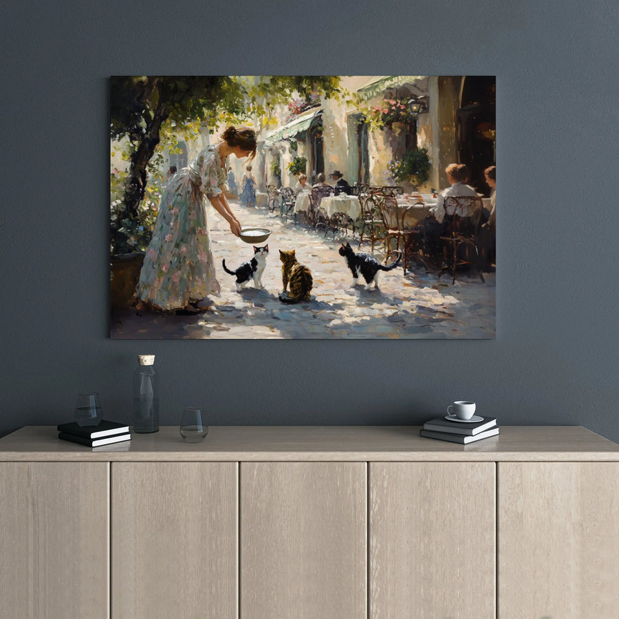 Impressionist Cat Painting Canvas | Woman Feeding Cats in Parisian Cafe | Premium Gallery Wrap Wall Art | Cozy Home Decor Gift for Cat Lovers