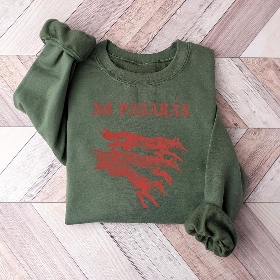 No Pasarán Sweatshirt | Anti-Fascist Three Foxes Graphic | Premium Cotton Blend Crewneck | Unisex Protest Gift for Activists