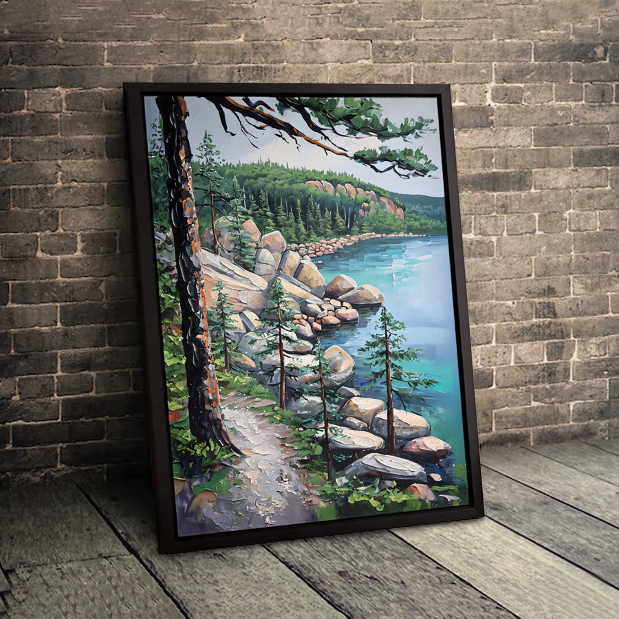 Rocky Lake Landscape Canvas Art | Impasto Pine Forest Wall Decor | Premium Gallery-Wrapped Print | Nature Lover Gift For Home Office