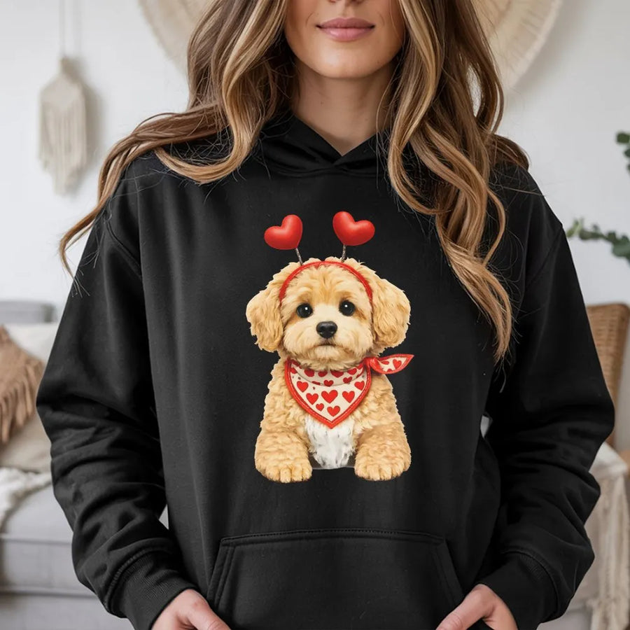 Valentine Dog Hoodie | Cute Puppy with Hearts Graphic Design | Premium Cotton-Poly Blend | Cozy Gift for Dog Lovers