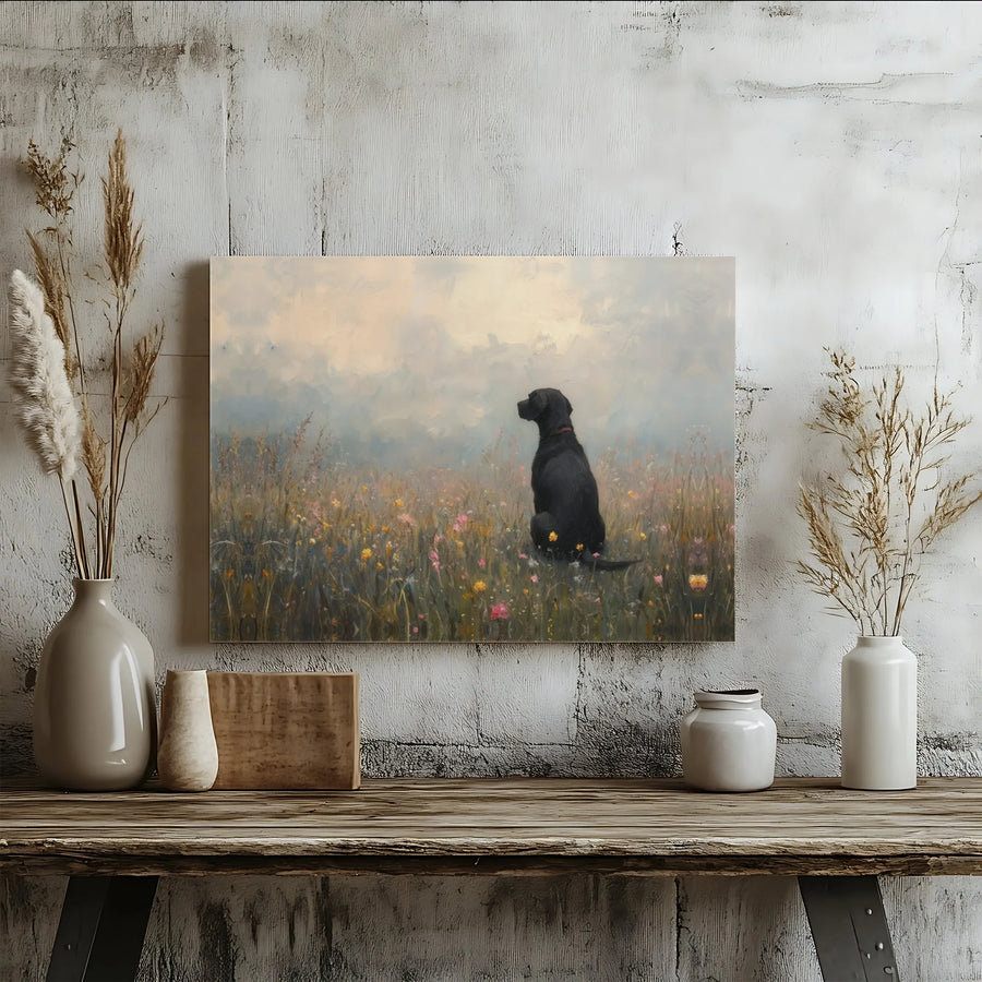 Black Labrador Canvas Wall Art | Impressionist Wildflower Meadow Painting | 1.25-Inch Gallery Wrap Print | Dog Lover Home Decor Gift
