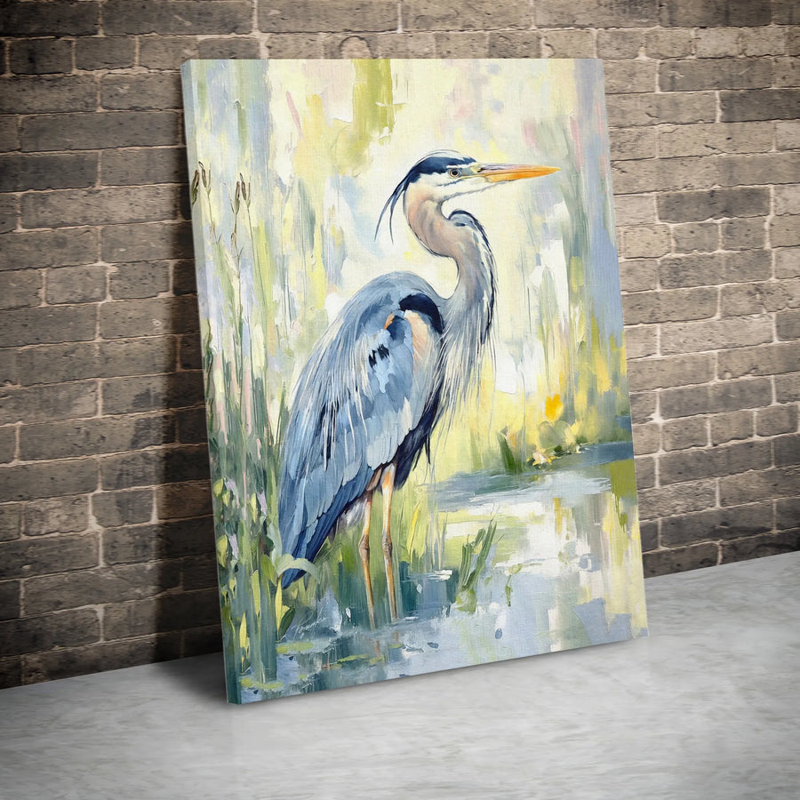 Great Blue Heron Canvas Wall Art | Impressionist Marsh Bird Print | Premium 1.25" Gallery Wrap | Coastal Decor Gift for Nature Lovers