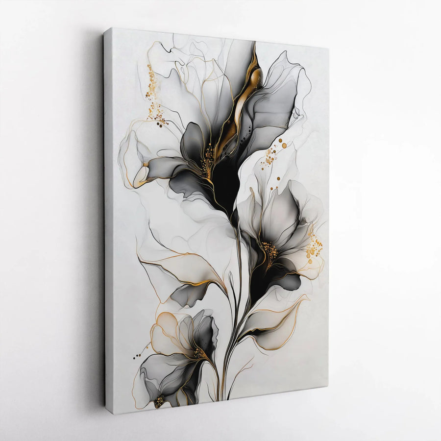 Abstract Black and Gold Flower Canvas Wall Art | Modern Alcohol Ink Botanical Print | Gallery Quality Premium Decor | Elegant Home and Office Gift