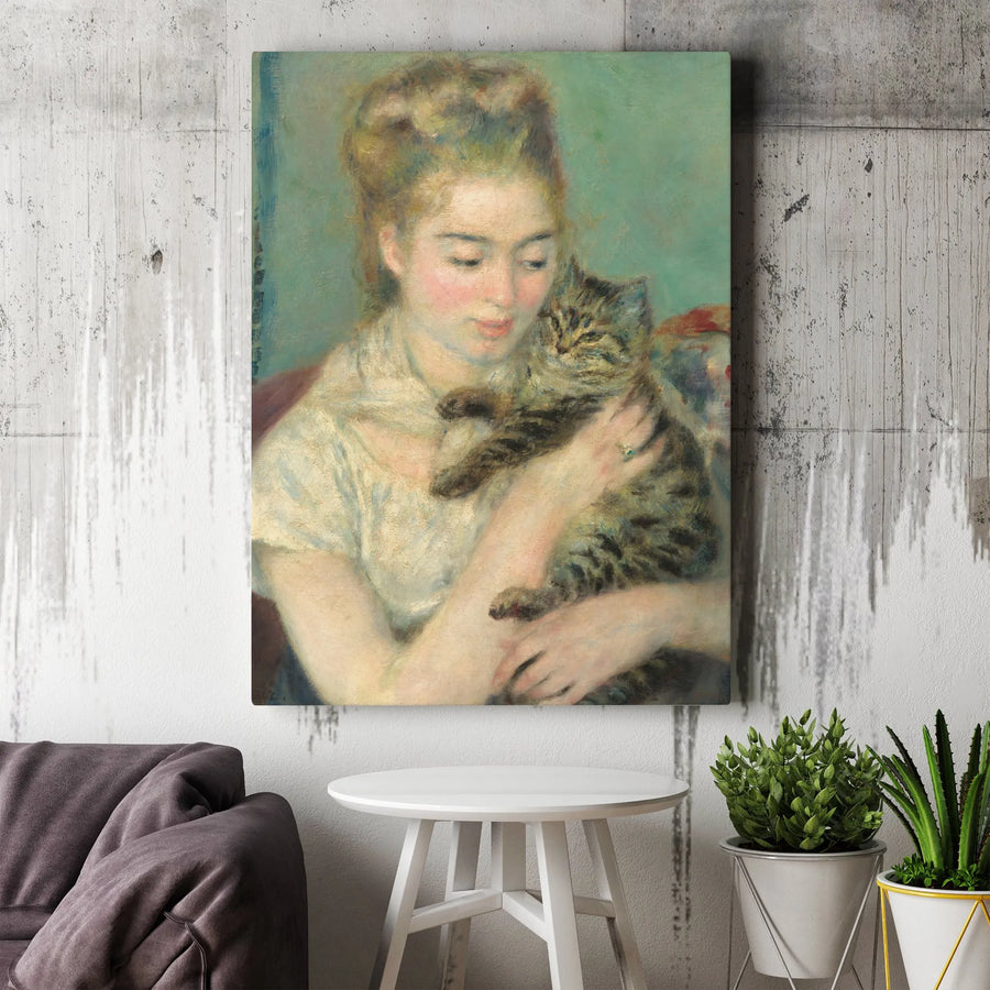 Renoir Woman with a Cat Canvas Print | Famous Impressionist Painting Reproduction | Premium Gallery Wrap Wall Art | Collector's Home Decor Gift for Art Lovers