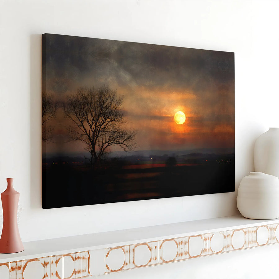 Sunset Landscape Canvas Wall Art | Moody Silhouetted Tree Glowing Sun Print | Premium Gallery Wrapped Canvas | Minimalist Home Decor Gift