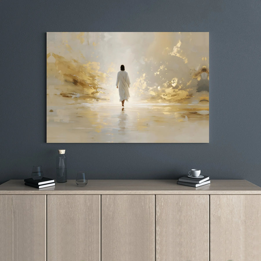 Jesus Walking On Water Canvas Wall Art | Abstract Gold Light Religious Print | Premium Gallery Wrap Decor | Inspirational Christian Home Gift