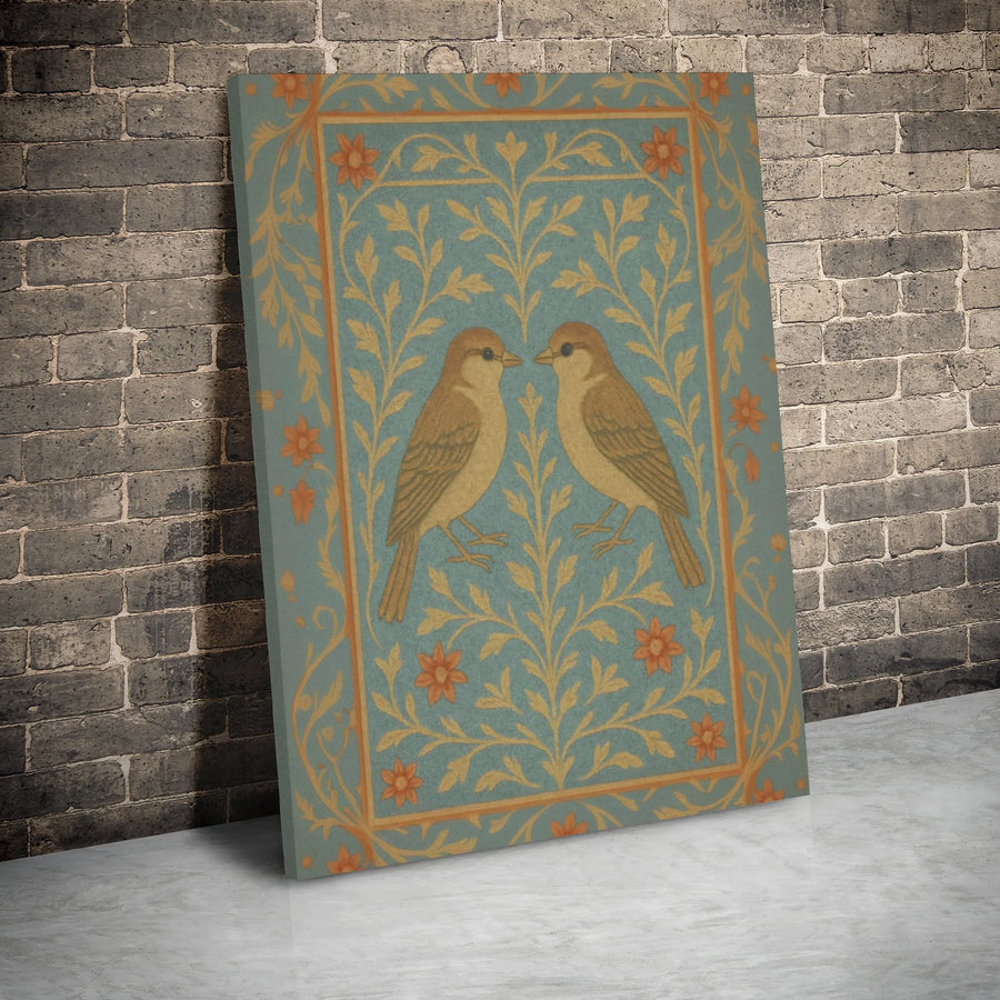 Art Nouveau Bird Canvas Wall Art | Two Sparrows Floral Botanical Print | Premium Gallery Wrap Decor | Nature Inspired Gift for Home Office