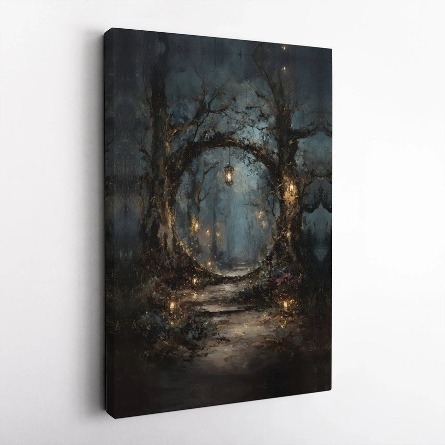 Enchanted Forest Canvas Wall Art | Mystical Pathway with Lanterns | Premium Gallery Wrapped Print | Gothic Home Decor Gift