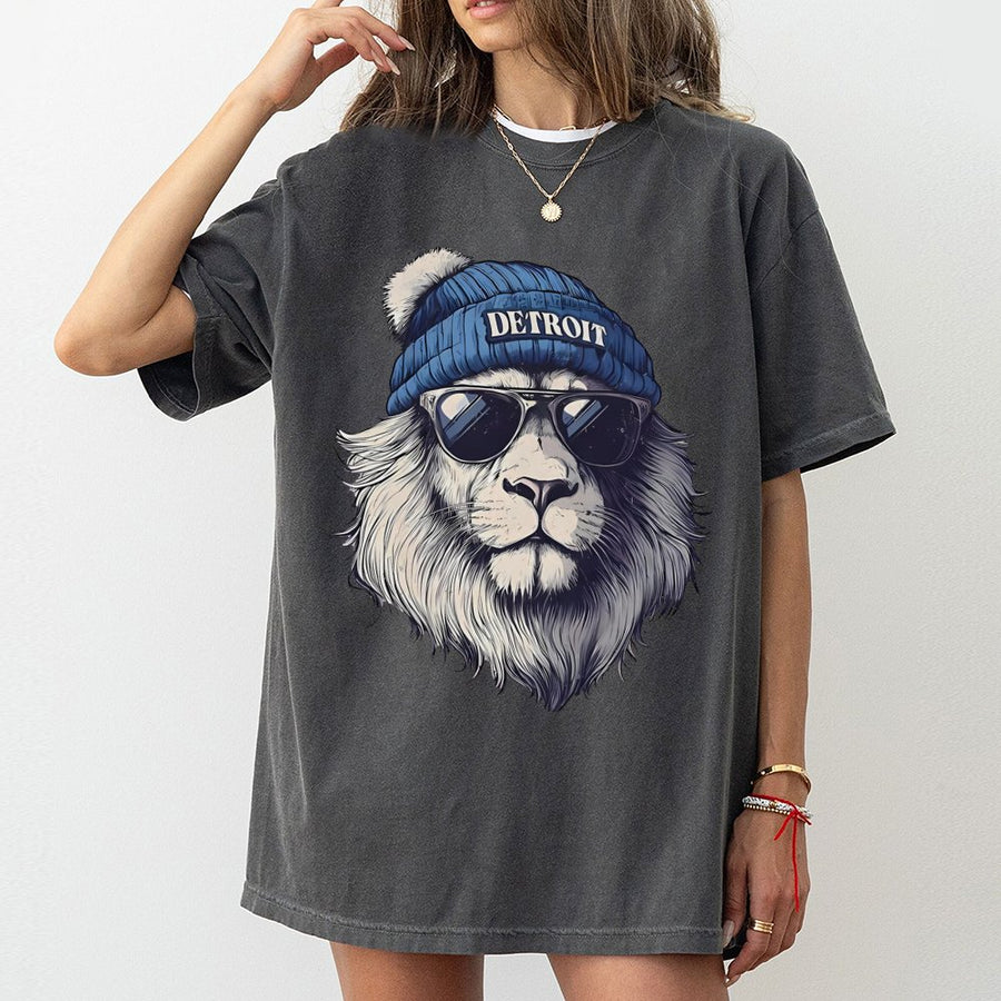 Detroit Lion Wearing Sunglasses And A Beanie T-Shirt