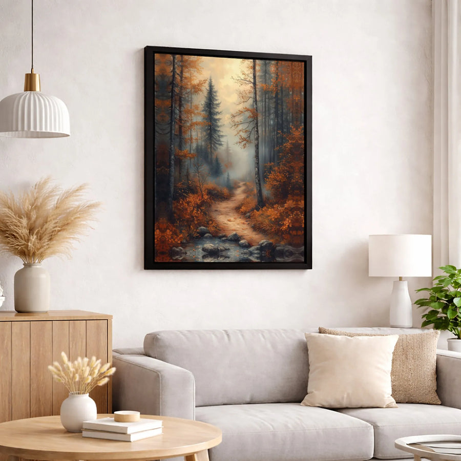 Misty Autumn Forest Canvas Wall Art | Serene Woodland Path With Stream | Gallery-Wrapped Premium Print | Nature-Inspired Home Decor Gift