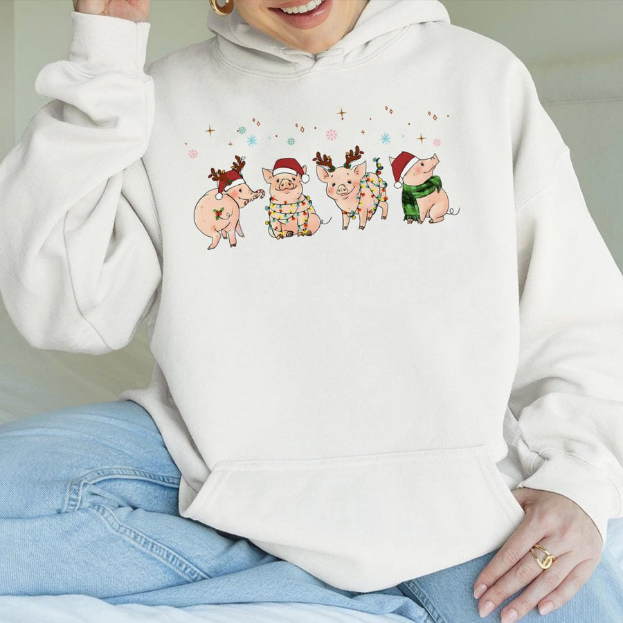 Christmas Pig Hoodie | Cute Festive Farm Animal Illustration | Soft Cotton-Poly Blend | Merry Pigmas Gift for Animal Lovers